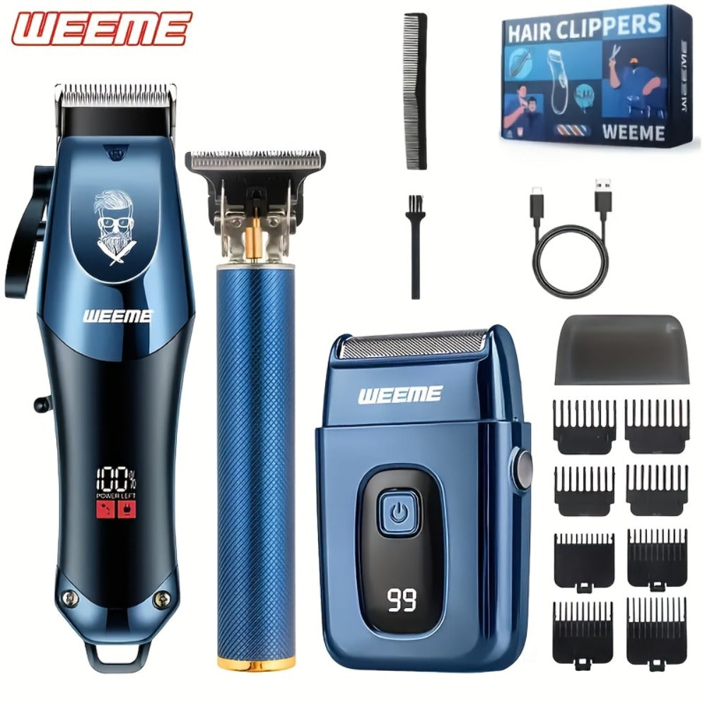 WEEME Men's Grooming&Shaving Kit 1/2/3pcs Set, Golden Balck Hair Clippers with LCD Display, USB Rechargeable, 8 Guide Combs, Trimmer And Shaver, with Cleaning Brushes And Comb, Gift for Men