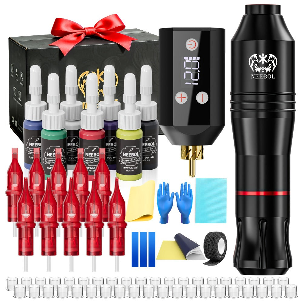 Neebol Wireless Tattoo Machine Kit Complete, Tattoo Pen With Screen Display, Tattoo Gun, 6 Hours Battery Life, Practice Skin, 10 Red Cartridge Needles, 7 Inks, Tattoo Supply Equipment For Beginners And Tattoo Artists, Makeup Body Art Easter Gifts