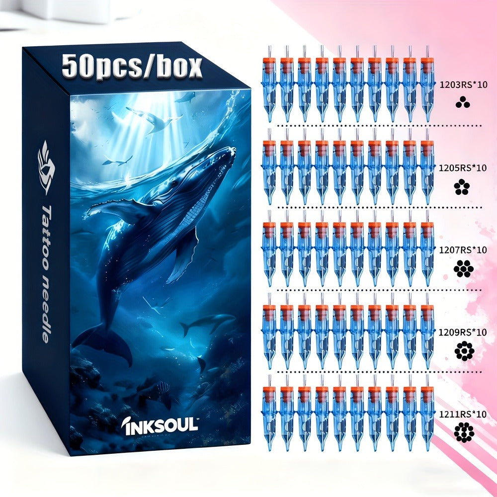 Tattoo Cartridge Needles 50PCS Blue Whale Round Shader Mixed Size Sealed Disposable Cartridge Needle Set for Tattoo Machine Pen Compatible with All Rotary Tattoo Machines Artists & Beginners
