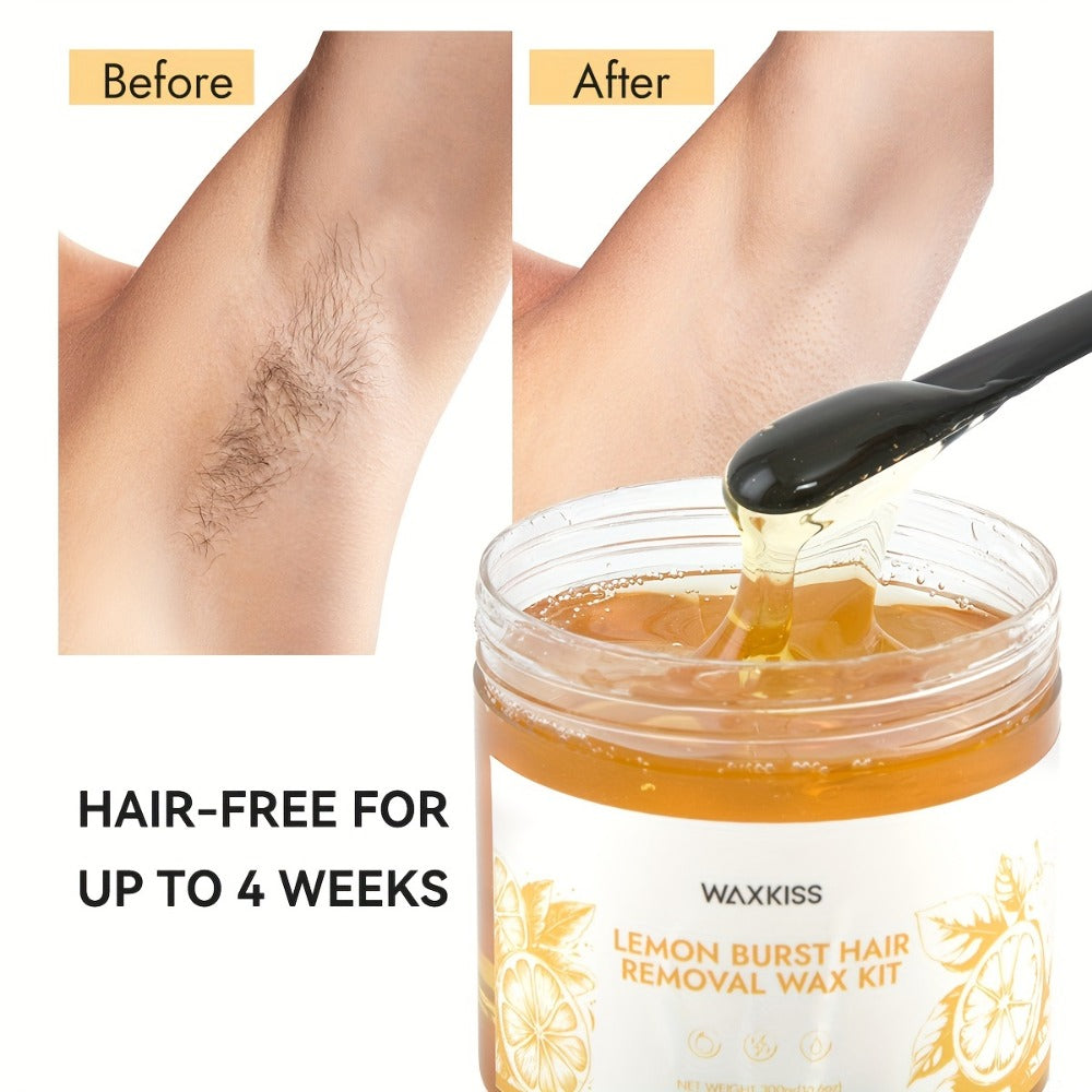 WAXKISS 300G Lemon Sugar Wax Hair Removal Soft Wax Beeswax Hair Removal Kit New Formula Is Gentle And Non-Irritating, Precise Hair Removal Without Residue, (1 Can Of Soft Wax, 12pcs Of Hair Removal Paper, 2 Wax Sticks)