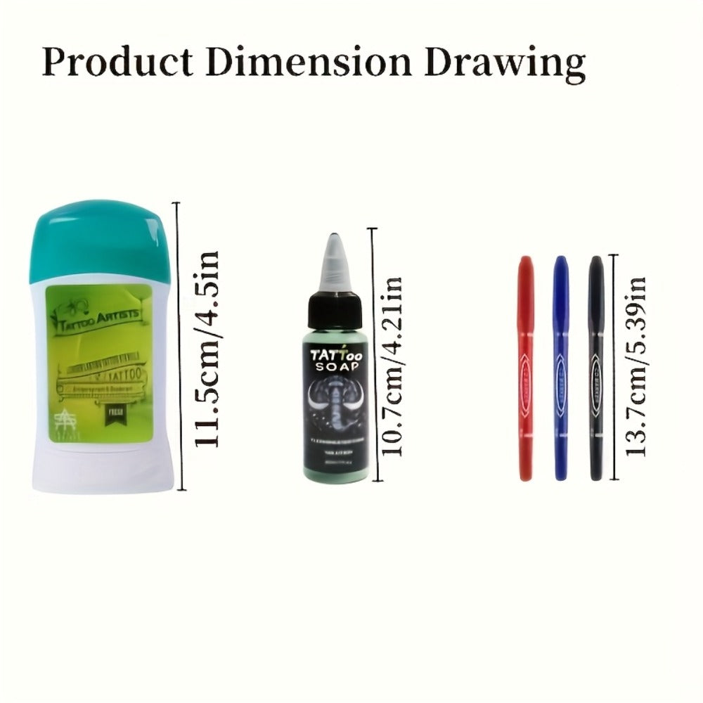 6pcs Temporary Tattoo Transfer Kit with 60g Ink Gel& 1.01oz Green Soap Solution- Complete Tattoo Art Set with Red, Blue& Black Markers, Easy Application for Beginners& Professional Artists, Travel-Friendly Tattoo Supplies