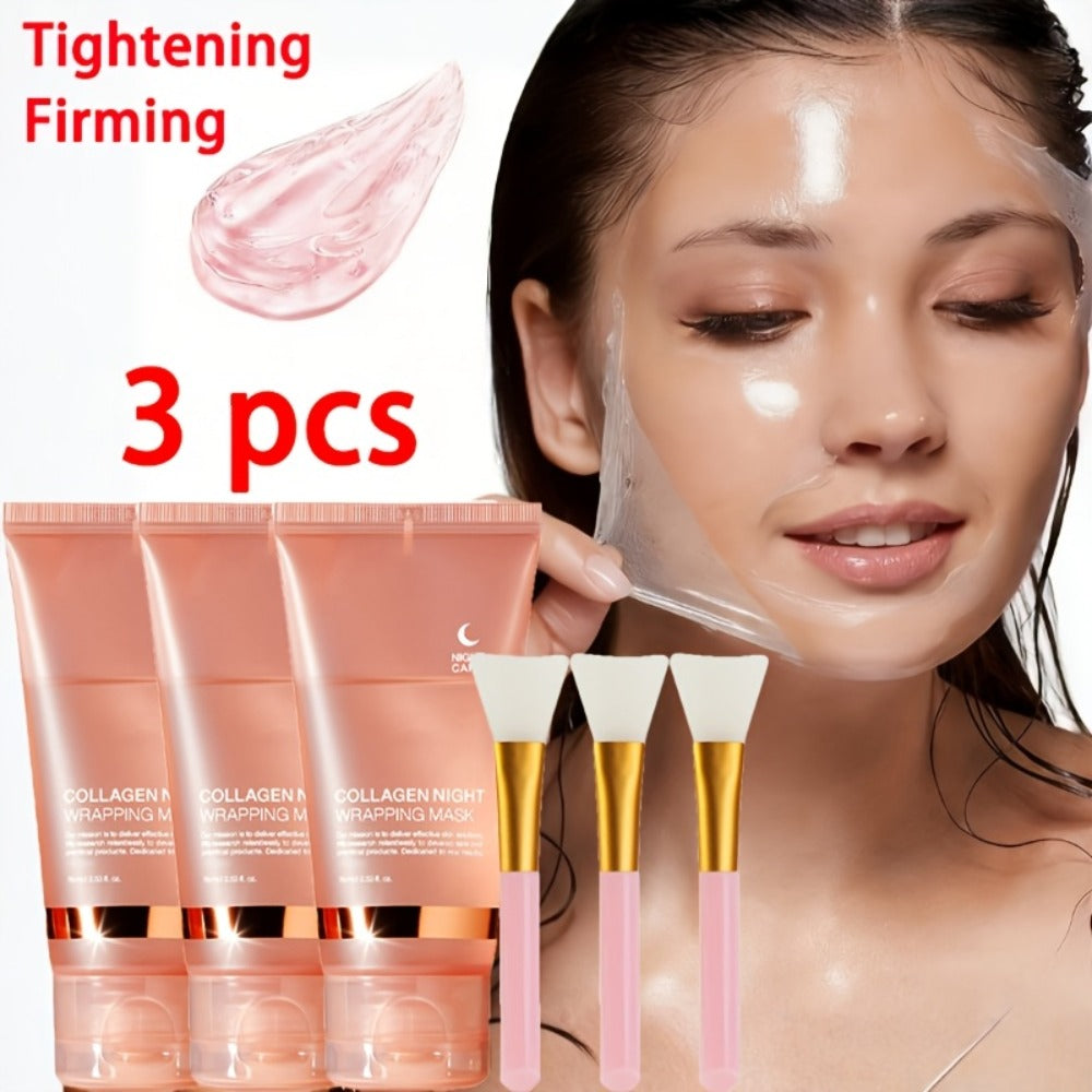 3 Boxes Instant Lifting & Firming Collagen Intensive Moisturizing Sleeping -Off Mask 75g, Enriched with Niacinamide, Collagen, Hyaluronic Acid, And Other Ingredients. The Gel Texture Is Easily Absorbed, Providing Deep Hydration And Moisture.