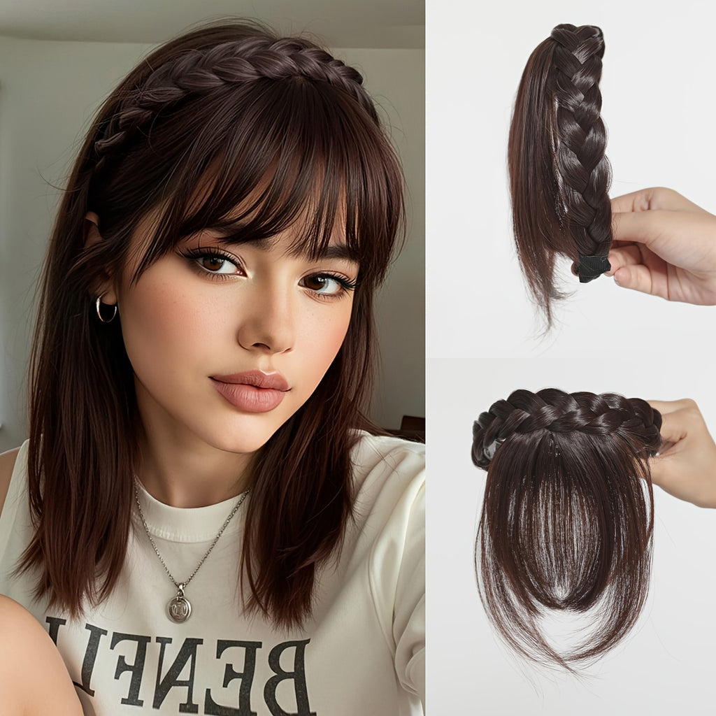 Synthetic Hair Extensions with Bangs, Designed As a Headband for Women And, Suitable for Cosplay, Halloween, Weddings, And Parties in Khaki And Brown