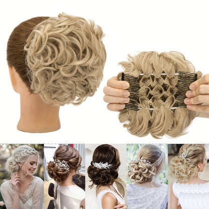 Clip In Hair Bun Extension Messy Bun Chignon Hairpiece Synthetic Curly Updo with Comb Scrunchie for Women Wedding Party Office Daily Wear Rose Bud Style