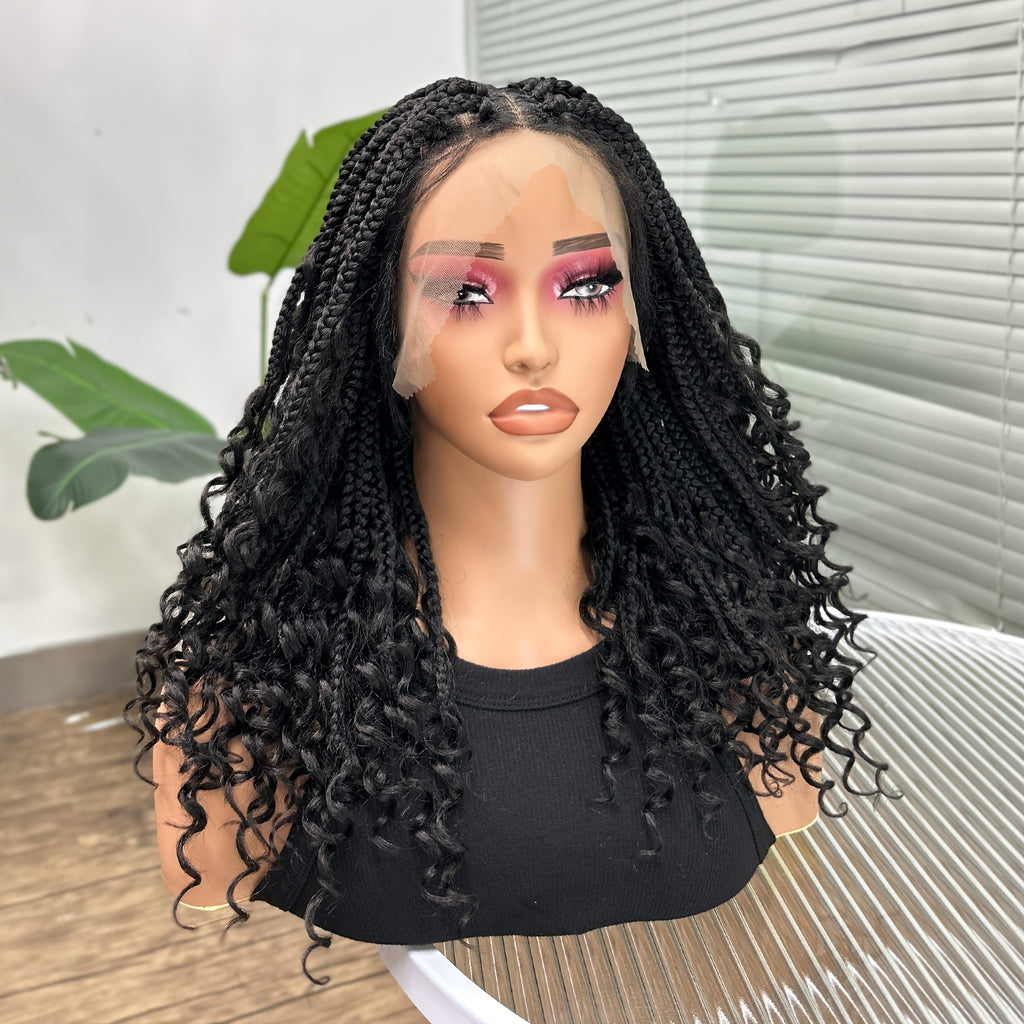 14-16inch Bohemian Style Square Woven Wig - Knotless Goddess Braided Wig with Curly Full Lace Square Synthetic Braid Wig Featuring, Suitable for Women, Natural Black Braided Lace Front Wig.