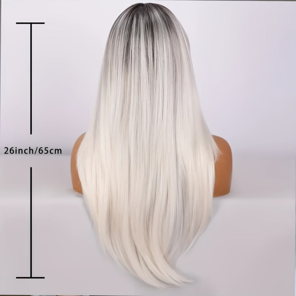 Straight Wig with Bangs for Women — 26 Inch White Ombre Milky Synthetic Wig, Glue Free Ultra Lightweight Breathable, Heat Resistant for Daily Wear Festival Party Cosplay Wedding