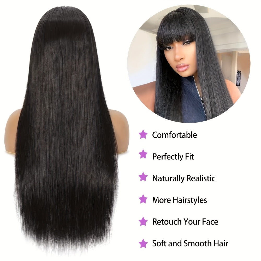 Long Straight Black Wig with Bangs 26 Inch Heat Resistant Synthetic Hair Full Machine Cap Women Cosplay Halloween Party Daily Wear Sleek Dramatic Lightweight