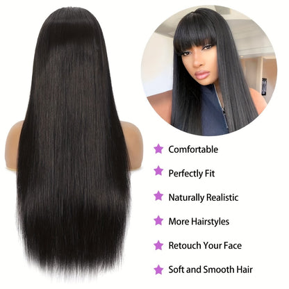 Long Straight Black Wig with Bangs 26 Inch Heat Resistant Synthetic Hair Full Machine Cap Women Cosplay Halloween Party Daily Wear Sleek Dramatic Lightweight