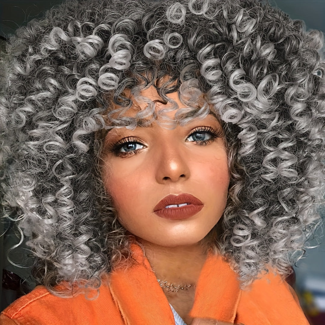 Afro Kinky Curly Wig for Black Women — Short Synthetic Wig with Bangs, 180% High Density, Natural Fluffy Curls, Stretch Cap, Daily Wear & Party, Fits All Head Sizes
