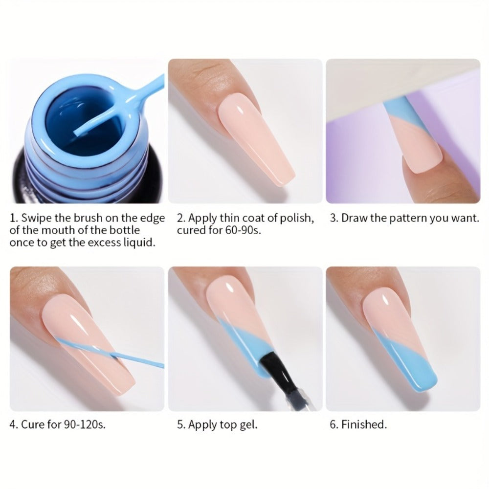 LYCUTE 0.17oz 6-Pack Super Glitter Reflective Color Eyeliner Gel Nail Polish Ultra Fine Brush Tip Stripe Drawing Gel