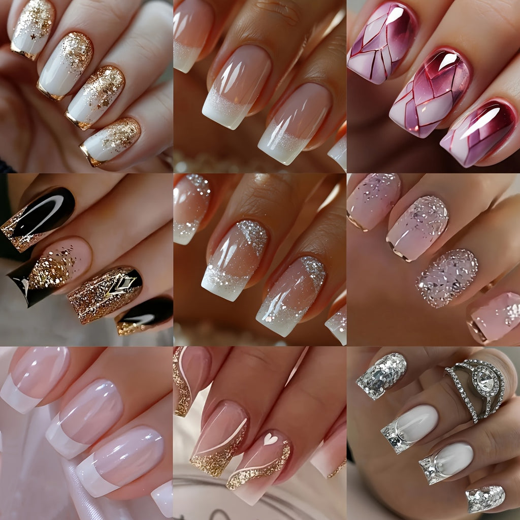 216pcs (9 Boxes) Short Square Summer White French Style Simple Gradient Glitter Heart Soft Gel Press-On Nails Full Cover Fake Nail Set for Women & S