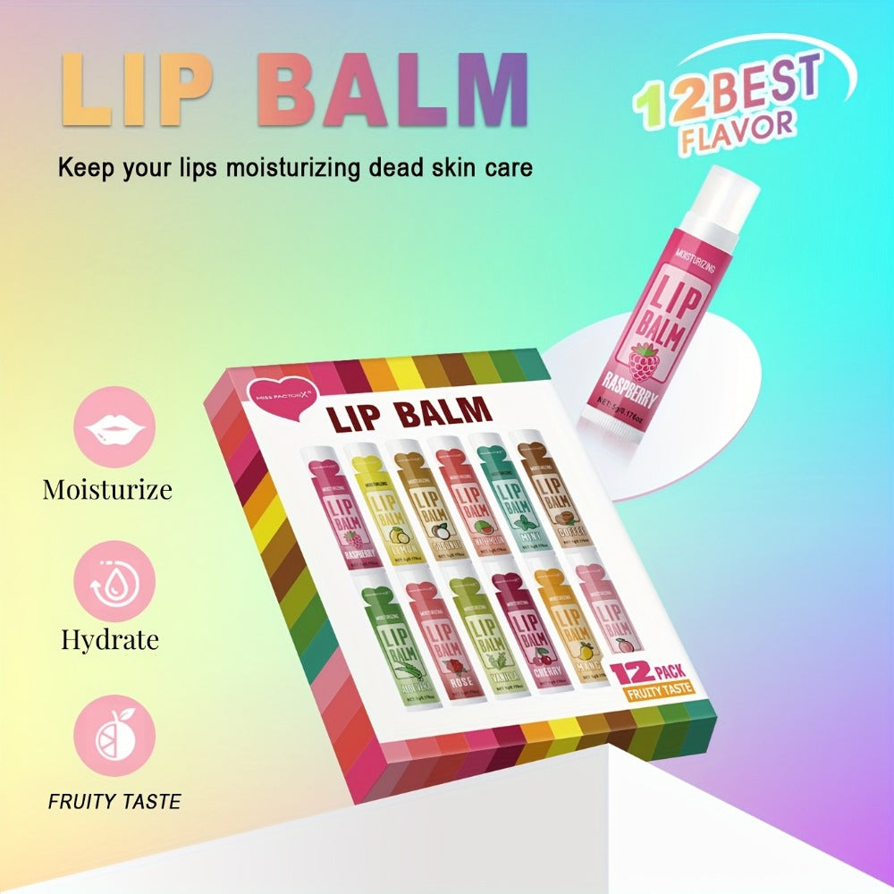 12pcs MISS FACTORX Lip Balm Set, Hypoallergenic Glycerin-Infused Moisturizing Lip Butters, Unisex Adult Lip Care Collection, with Glossy Finish, for All Skin Types, Perfect Gift for Women on Valentine's Day
