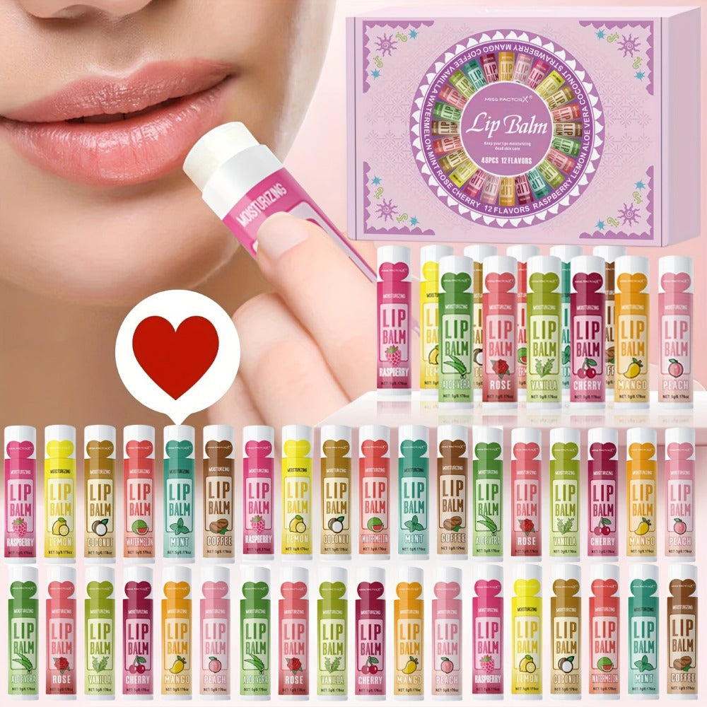 Lip Balm Gift Set 48pcs MISS FACTORX - Moisturizing Lip Butter with Glycerin, Hypoallergenic Natural Finish for All Skin Types, Unisex Adult Lip Care Collection, Valentine's Mother's Day Gift