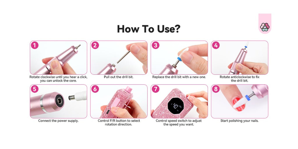 SAVILAND Professional Nail Drill 40000 RPM | Bright Pink Diamond Nail Drill Kit with 4000 mAh Rechargeable Battery, LCD Display, Brushed Motor, Includes Ceramic Nail Drill Bits and Sanding Bands for Salon Use
