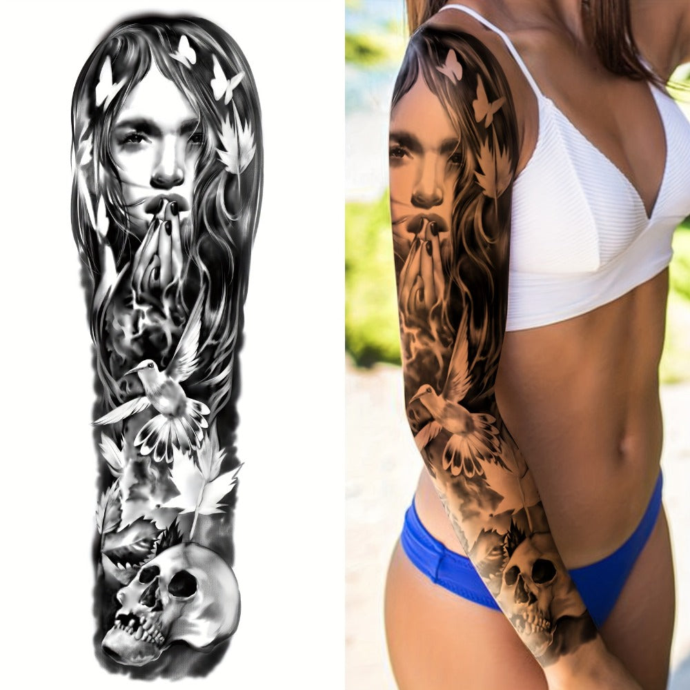 8 Sheet Large Size Black Full Arm Temporary Tattoo Stickers - Waterproof, Long-Lasting, Realistic Designs for Men & Women, Featuring Koi, Dragon, Lion, Floral & Geometric Patterns, Perfect for Street Punk Style, Tattoo Supplies