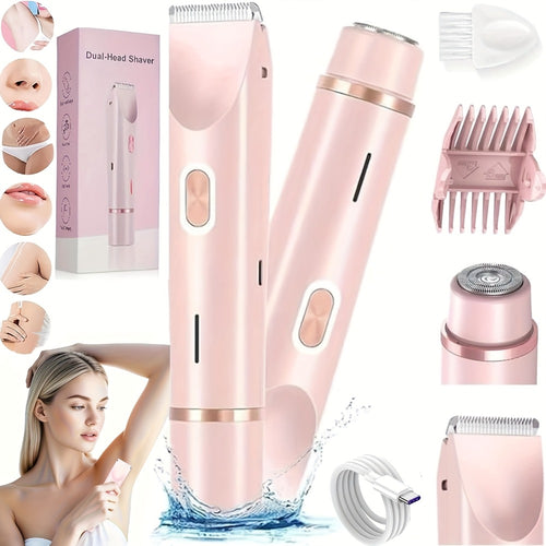 Electric Hair Removal Shaver 2-in-1 Dual Head - USB Rechargeable Epilator with Stainless Steel Blades for Face Body Legs Bikini Line Underarms & Intimate Areas - Women's Cordless Shaver Pink Purple Blue