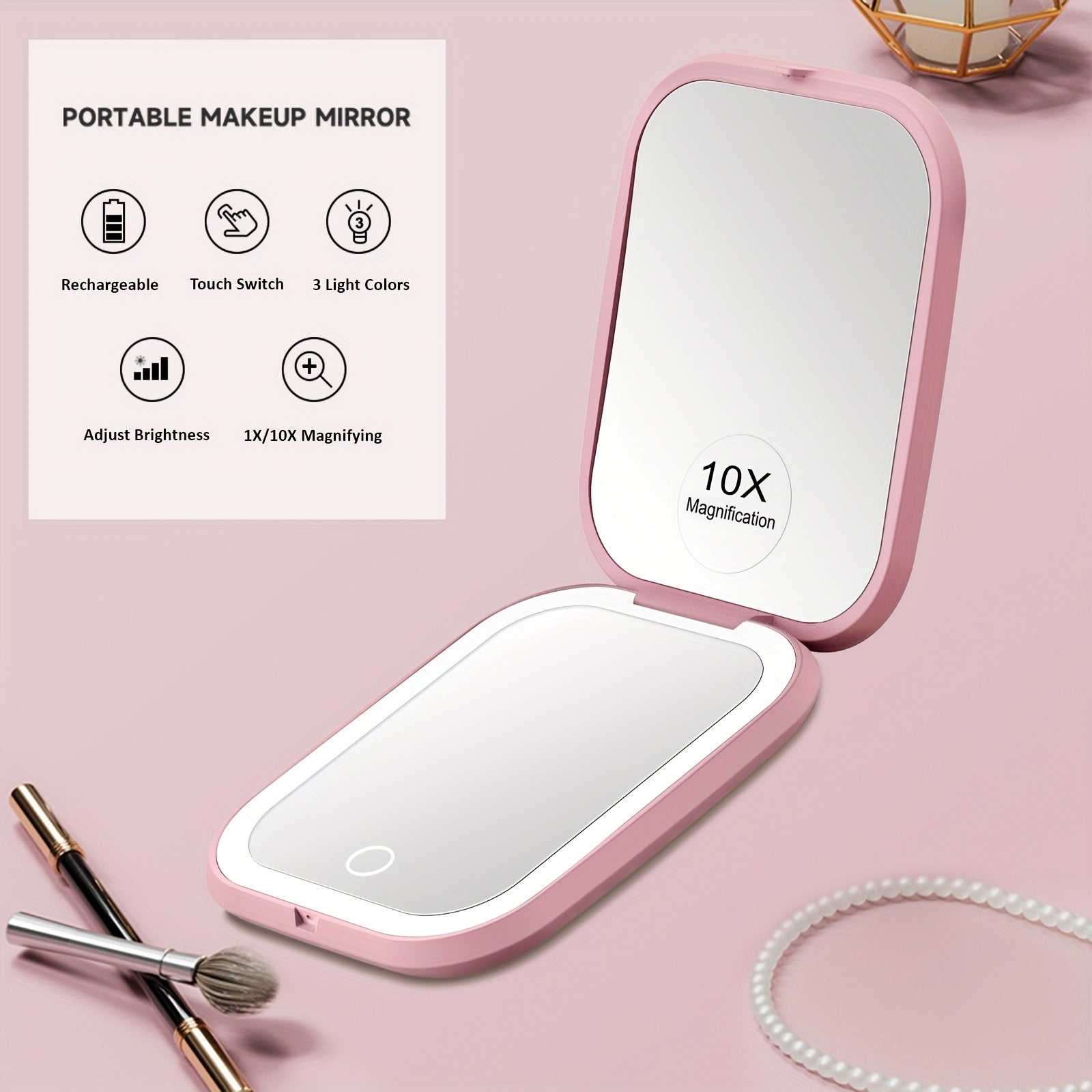 10X/1X Magnification LED Compact Travel Makeup Mirror With Light, Rechargeable Pocket Mirror In 3 Colors Mode, Adjustable Brightness, Purse Mirror, 2-Sided, Portable, Folding, Handheld, Small Mirror, Gifts For Women, Gifts For Mom