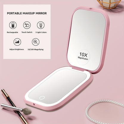 LED Compact Travel Makeup Mirror with Light 10X 1X Magnification, Rechargeable Pocket Mirror 3 Color Modes Adjustable Brightness, 2-Sided Folding Purse Mirror Gift for Women Mom