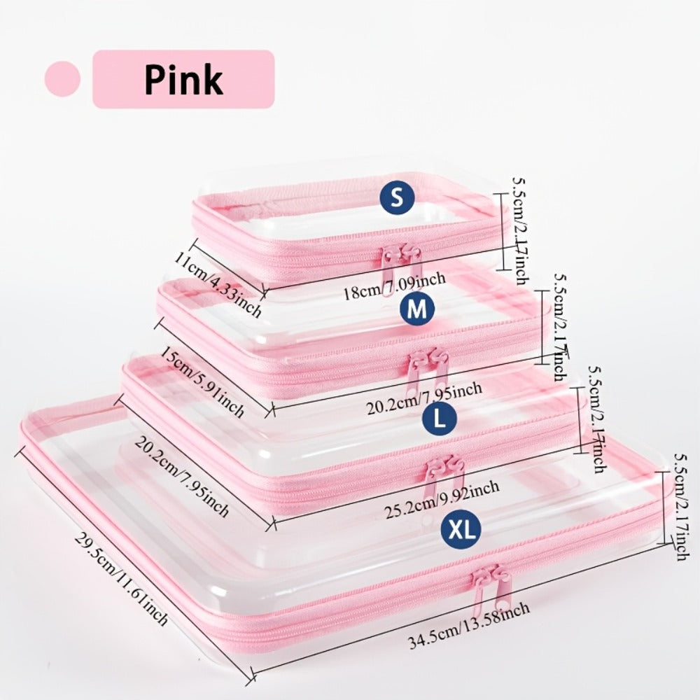 Four Piece Set of Hard Transparent Zipper Storage Bag, Plastic Pencil Case, Transparent Storage Box Suitable for Cosmetics, Snacks, Building Blocks, And Puzzles, Makeup Bag And Makeup Bag (Small, Medium, Large, Extra Large)