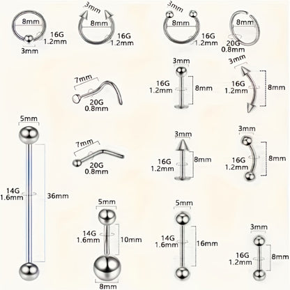 Piercing Kit Stainless Steel Professional Body Piercing Set with Needles Clamps and Piercing Tools Complete DIY Home Piercing Supplies for Ear Nose Navel Lip Tongue Piercing