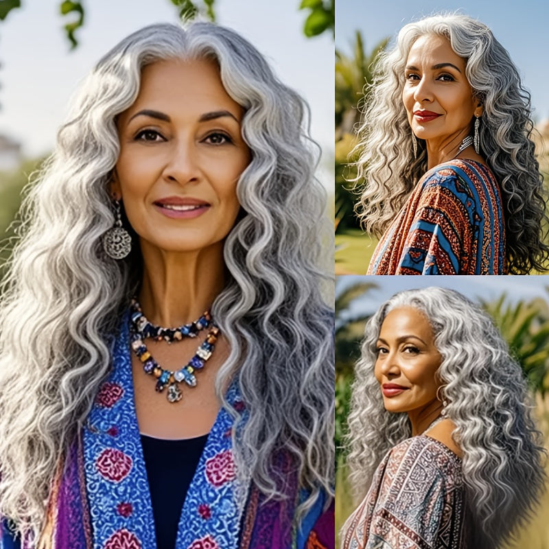 24 Inch Curly Wig Long Synthetic Wigs for Women Grey Deep Wave Synthetic Curly Wig Comfortable Fit Easy to Manage No Glue Required Suitable for Casual Attire, Role Play, And Holidays