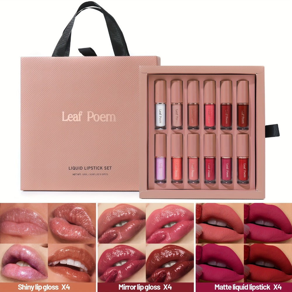 12pcs Set Of Mirror Matte Lip Gloss Set, Long-lasting Waterproof Lip Gloss, Velvet Matte Texture Lipstick, Long-lasting Beauty Solution, Perfect Gift