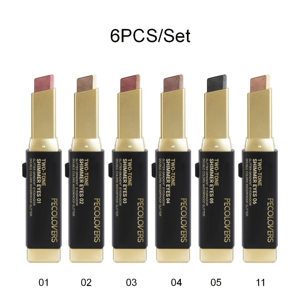 Glitter Eyeshadow Stick Pencil Set 6pcs — Double Color Gradient Shimmer Metallic Eye Shadow Pen, Waterproof 2-in-1 Two Tone Lazy Eye Makeup Tool for Women