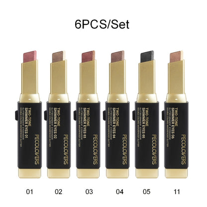 Glitter Eyeshadow Stick Pencil Set 6pcs — Double Color Gradient Shimmer Metallic Eye Shadow Pen, Waterproof 2-in-1 Two Tone Lazy Eye Makeup Tool for Women