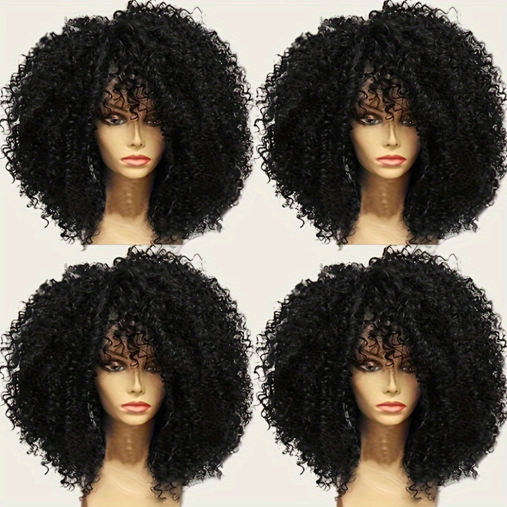 Afro Kinky Curly Wig with Bangs Synthetic 16 Inch Heat Resistant Elastic Cap for Women Color 1B Daily Wear Cosplay Halloween Party Christmas