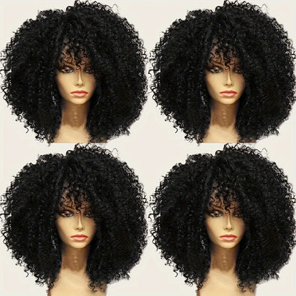 Afro Kinky Curly Wig with Bangs Synthetic 16 Inch Heat Resistant Elastic Cap for Women Color 1B Daily Wear Cosplay Halloween Party Christmas