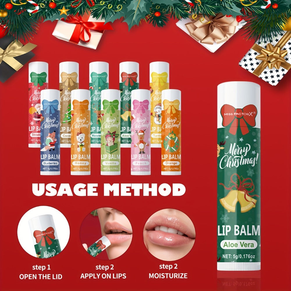 Lip Balm Set 10-Pack Christmas Gift — MISS FACTORX Moisturizing Lipstick Collection with Vitamin E, Natural Look, All Skin Types, Holiday & Valentine’s Day Gift for Women