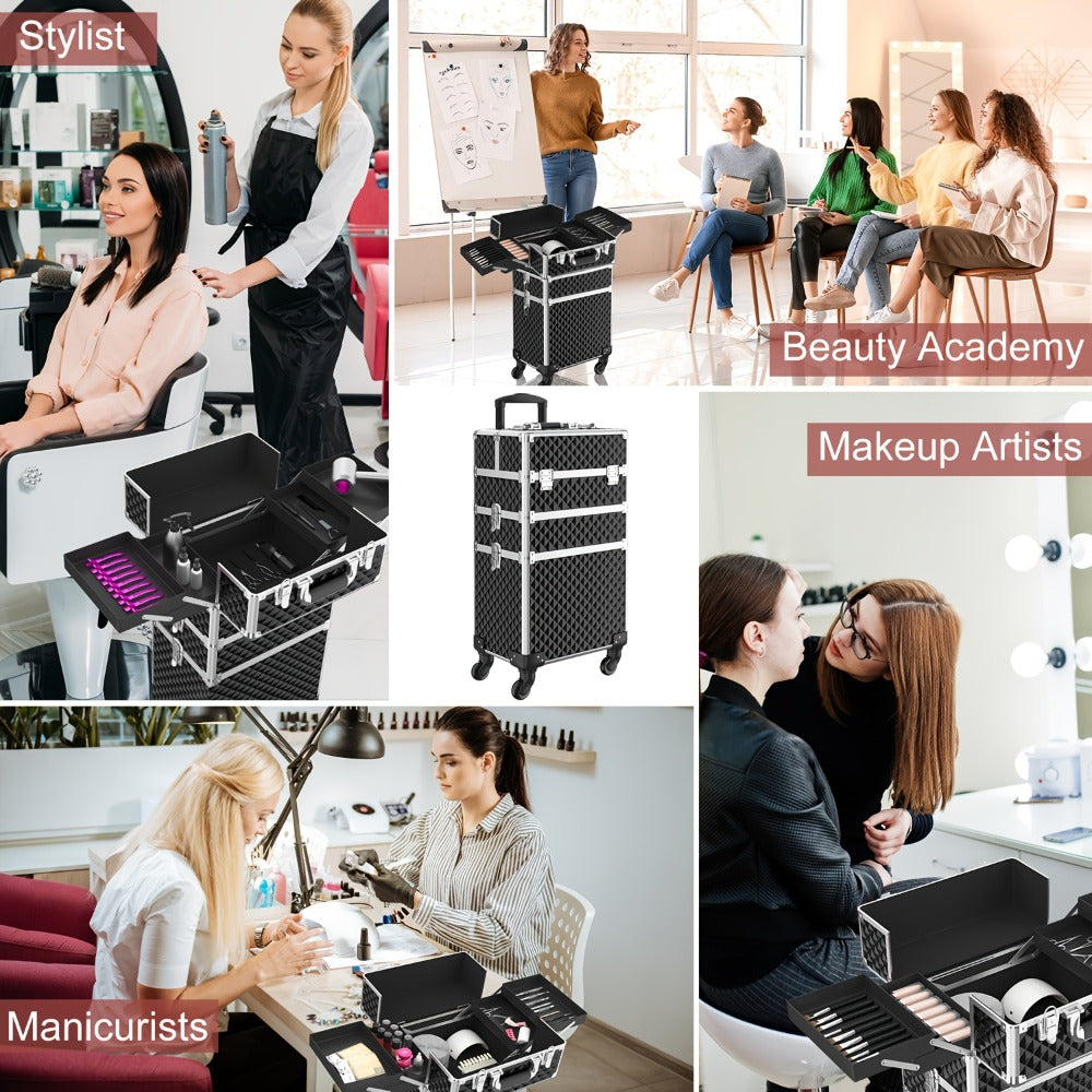 Rolling Makeup Train Case with Makeup Sponges Set, Large Storage Cosmetic Trolley 3in 1 Large Capacity Trolley Makeup Travel Case with Key Swivel Wheels Salon Barber Case Traveling Cart Trunk