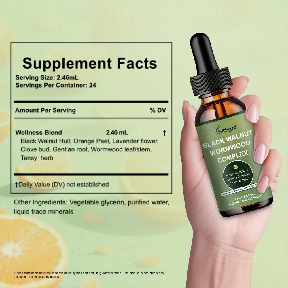 HIthgrd Wormwood Black Walnut Clove Complex Liquid Extract Liquid Drops for Improve Digestive, Gut Support Cleansing Orange Flavor 2fl.oz Suitable for Women Men Black Walnut Wormwood Clove Herbal Supplement