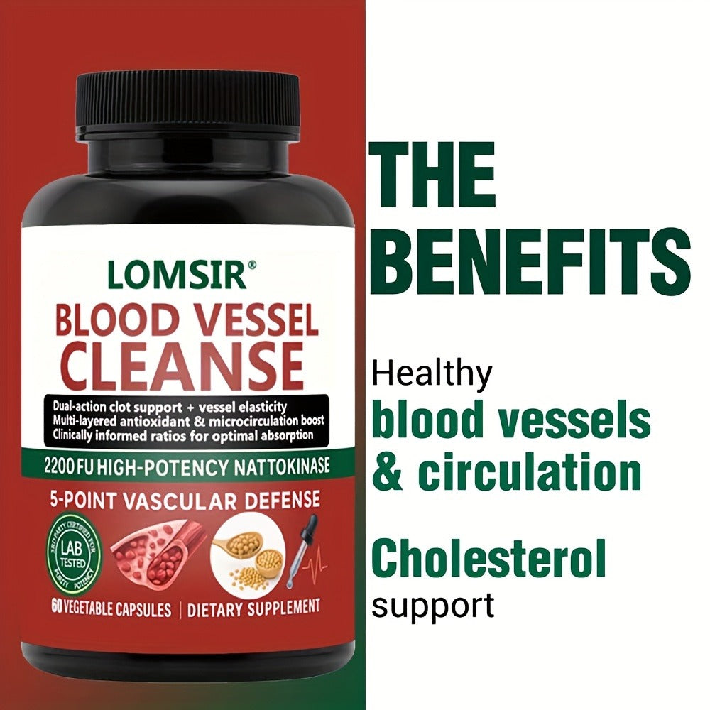 Blood Vessel Cleanse Capsules - Nattokinase Supplement with Gamma Oryzanol, Supports A Healthy Circulatory System - 60 Capsules