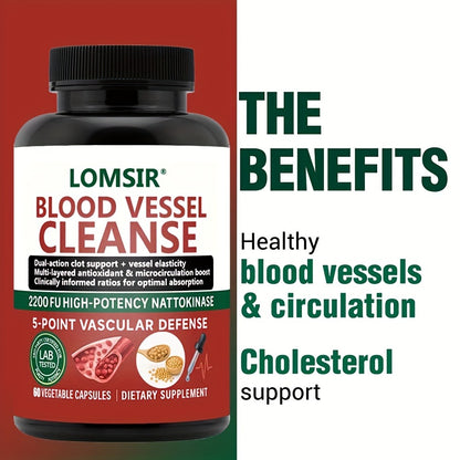 Nattokinase Supplement Blood Vessel Cleanse Capsules with Gamma Oryzanol 60 Capsules Circulatory System Support Heart Health Cardiovascular Wellness Daily Supplement
