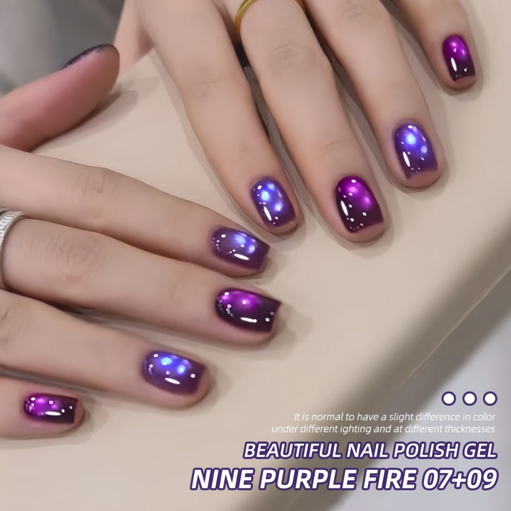 XEIJAYI Frame Bottle Nine Purple Fire + M130 - A New Set of Nail Art Featuring Super Bright Cat Eye Gel in Four Colors, Showcasing an Ultra-Glossy Glass Bead Effect with a Purple Iridescent End
