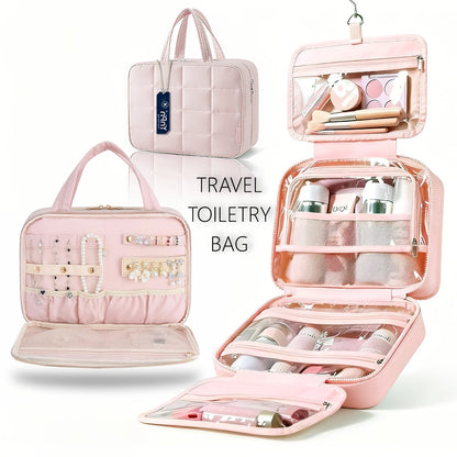 Hanging Travel Toiletry Bag Large Cosmetic Organizer for Full-Size Products Hanging Travel Makeup Bag Waterproof Bathroom Organizer Pink Beige Black