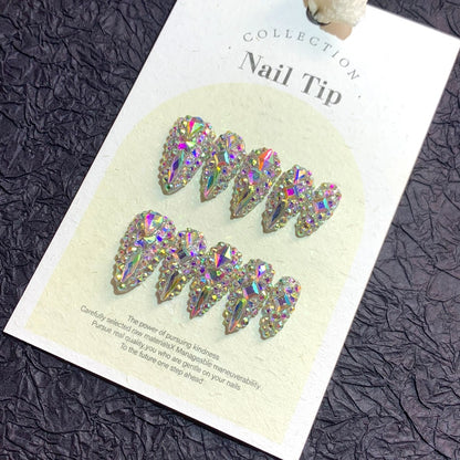 Fake Nails Almond Shape 10pcs Medium Length Glitter Strobe Color Block AB Crystal Rhinestone Press On Nails Kit with Nail File Cuticle Stick Sticker Pad for Party Wedding Date Everyday Wear S M L