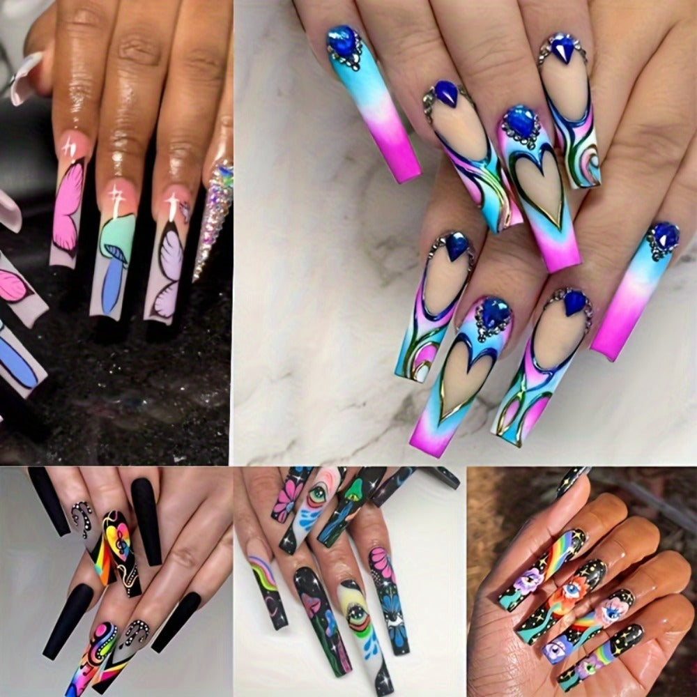 5 Boxes (120pcs Extra Long Press on Nails Fake Nails Set - Cosmic Eyes And Crystal Rhinestones Matte with Glue on Nails Colorful Stripes Floral Patterns Wearable Nail Art Festive Gift Set