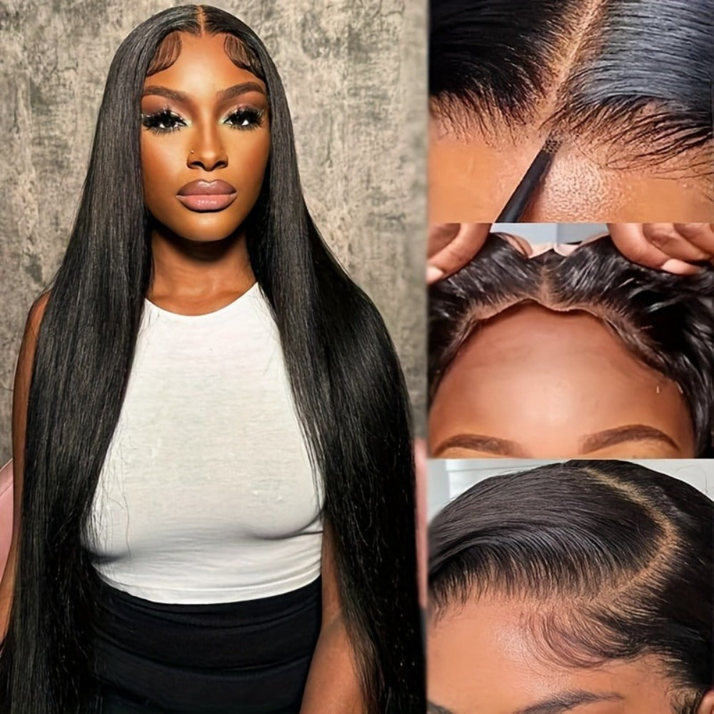 4x4 Lace Closure Wig Human Hair Straight Glueless Pre-Plucked Natural Hairline Black Straight Wig 12-28 Inch Women No Glue Easy Wear Versatile Parting