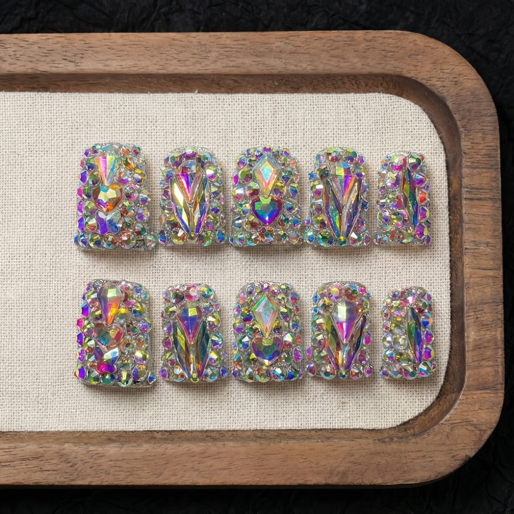 10pcs Lonnailssy Luxury Handmade Press-On Nails - Short Duckbill Shape with Sparkling AB Crystal & Colorful Diamond Accents, Salon-Quality, Reusable, Protected - Perfect for a Glamorous Look