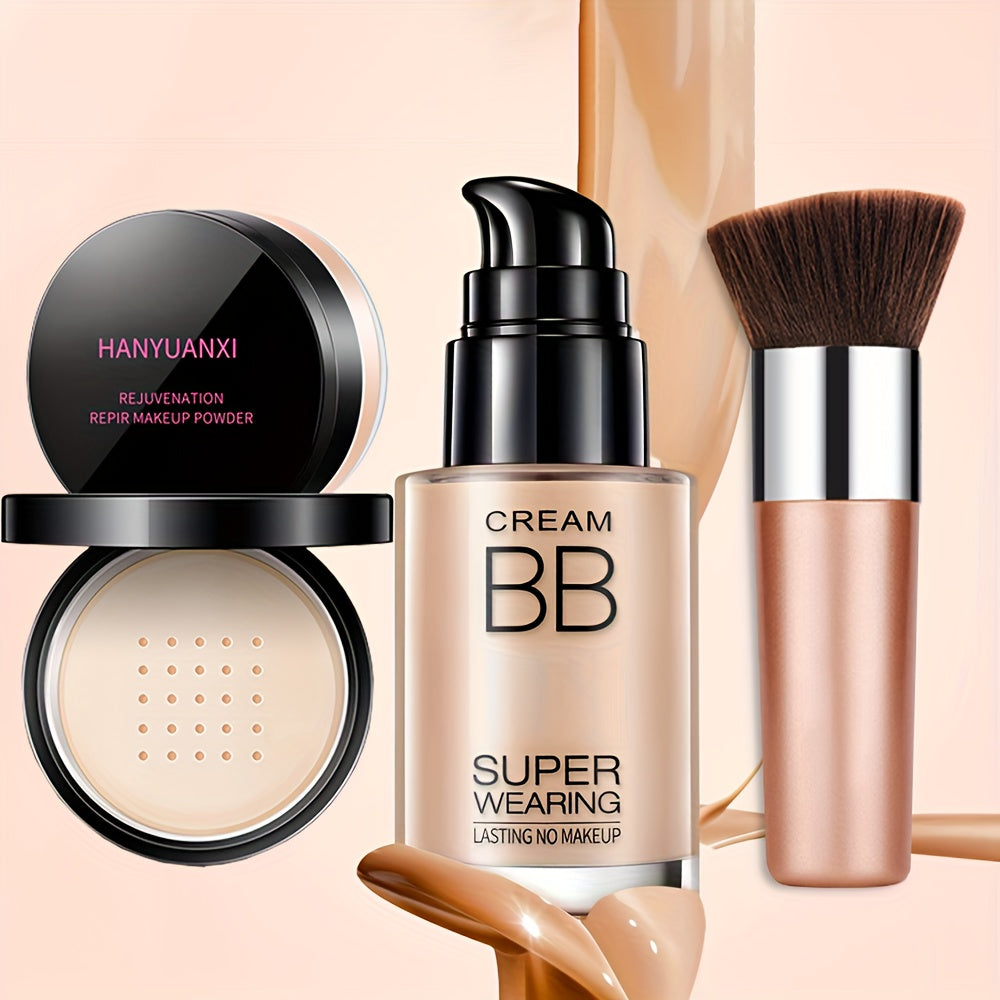 Flawless Face Makeup Kit- BB Cream & Makeup Powder & Brush, Includes Full Coverage Foundation, Moisturizing BB Cream, Waterproof Loose Setting Powder, Brush And Makeup Sponge, Hydrating Formula for All Skin Types | Ideal Halloween & Christmas Gifts