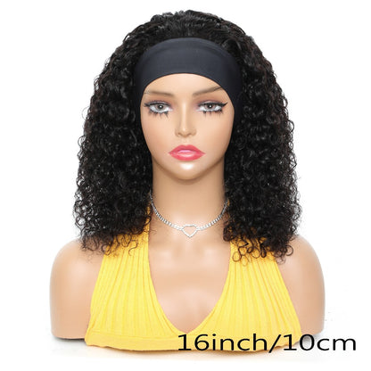 Kinky Curly Headband Wig Human Hair 180% Density — Brazilian Glueless No Lace, Full Machine Made Wig for Women, Natural Color, 14–20 Inch