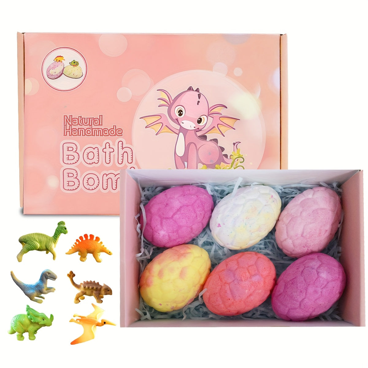 Dinosaur Bath Bombs Gift Set 6pcs with Surprise Toy Inside Fizzy Bath Balls for Kids Boys Girls Fun Birthday Christmas Holiday Gift Pink