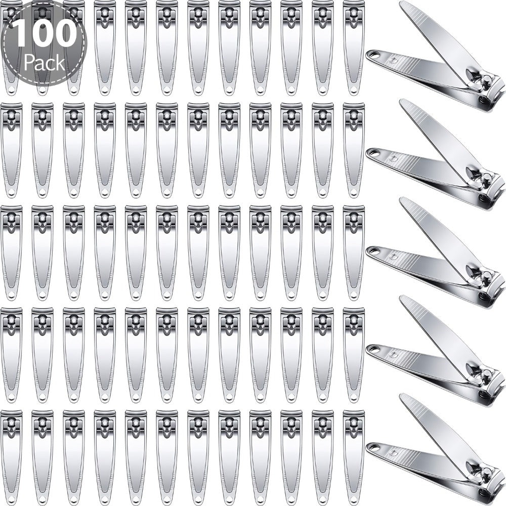 100pcs Bulk Stainless Steel Nail Clippers Suitable for Men & Women - Heavy-Duty Flat Toenail & Fingernail Trimmers with Pointed Tip, Portable Travel Manicure Pedicure Set, Compact for,, Gym, Use (No Folding)