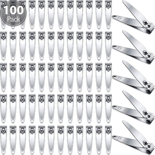 Nail Clippers Bulk 100pcs Stainless Steel - Heavy Duty Fingernail & Toenail Trimmer with Concave Blade & Pointed Tip, Non-Folding Portable Manicure Pedicure Set for Men & Women