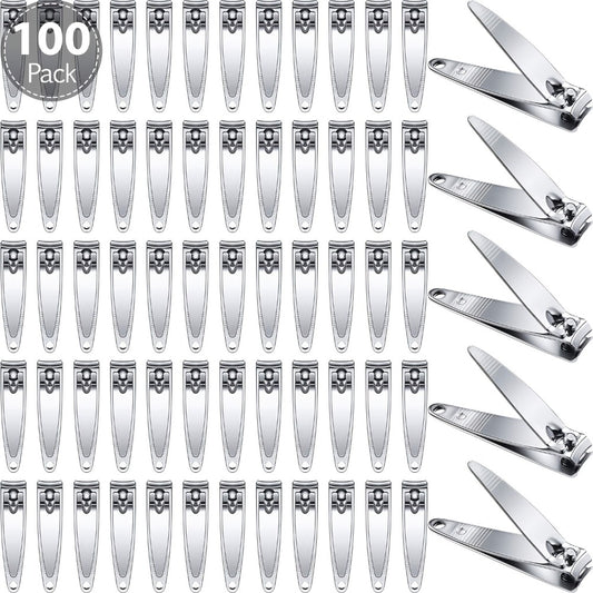 Nail Clippers Bulk 100pcs Stainless Steel - Heavy Duty Fingernail & Toenail Trimmer with Concave Blade & Pointed Tip, Non-Folding Portable Manicure Pedicure Set for Men & Women