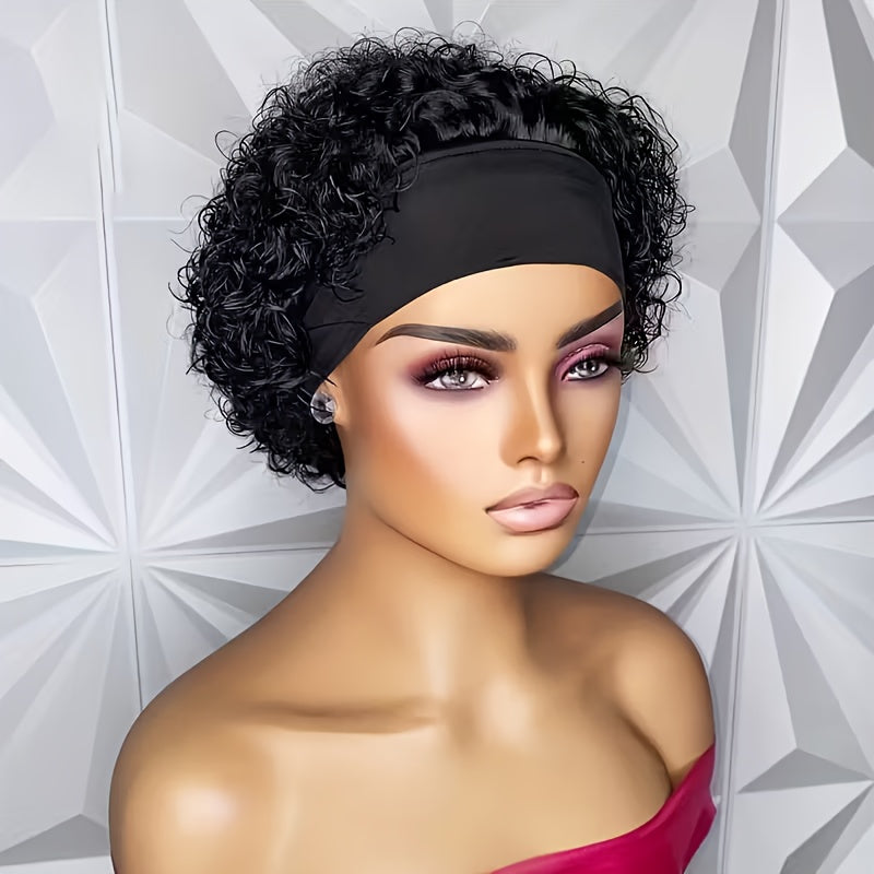 Brazilian Human Hair Wig Suitable for Skin Tones - 150% Density Kinky Curly Headband Wig with Natural Short Curly Hair, No Glue/Gel Application, Instant Volume for Beginners, for for Cosplay, Halloween & Daily Wear