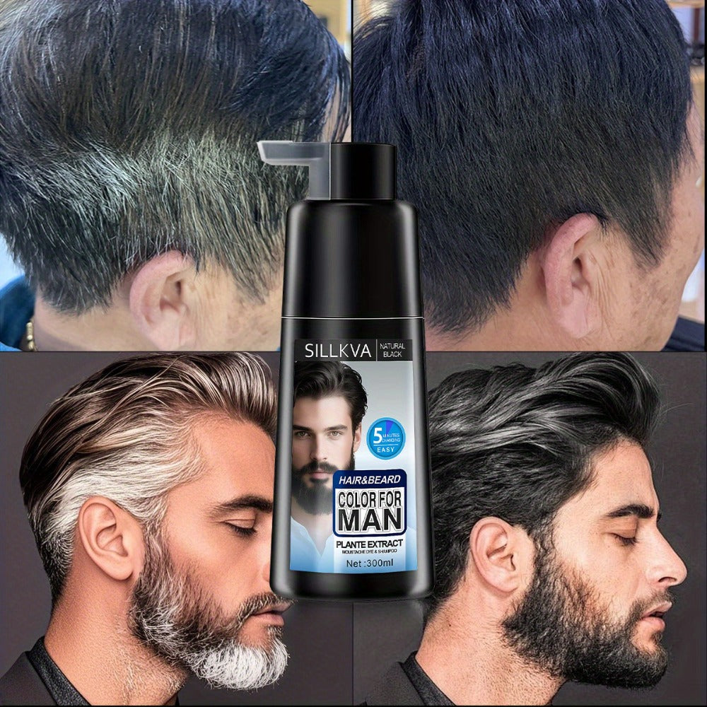 Hair & Beard Dye Shampoo for Men 3-in-1 Black — 8-Minute Gray Coverage, Ammonia-Free, Long-Lasting Natural Color, Quick & Easy Application, 10 oz, 1 & 2 Pack Options