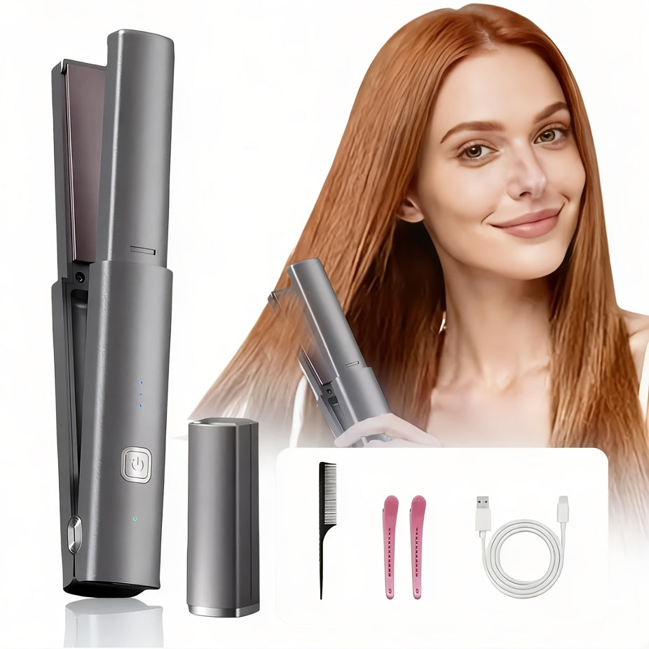 Cordless Hair Straightener & Curler 2-in-1 — Wireless Charging 2600mAh, Ceramic Negative Ion Portable Styling Tool for Travel, Heat-Resistant, Gift for Women — Grey & Purple